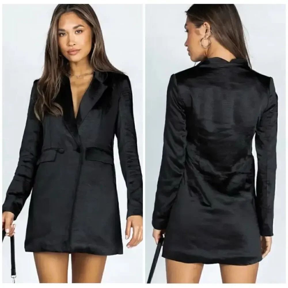 Princess Polly Suzie Black Crepe Satin Double Breasted Blazer Jacket Dress Sz 0
